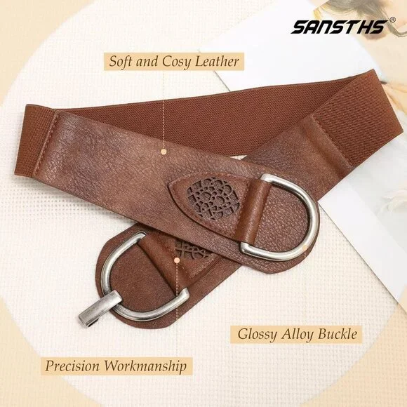 Women's Vintage Faux Leather Stretchy Wide Belt Chunky Buckle Elastic Wide Waist